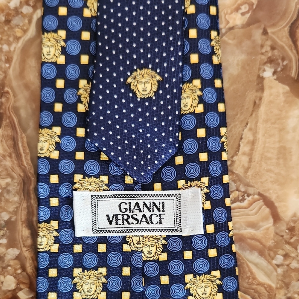 Versace 100% Silk Navy and Gold Medusa Patterned Tie NWOT